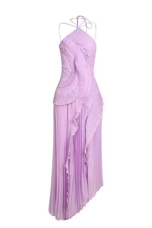 Women's Pleated Halter Maxi Dress with Ruffle Cascade