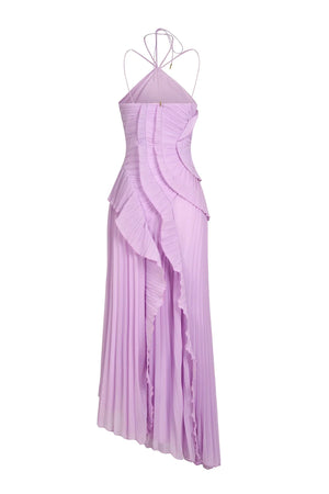 Women's Pleated Halter Maxi Dress with Ruffle Cascade