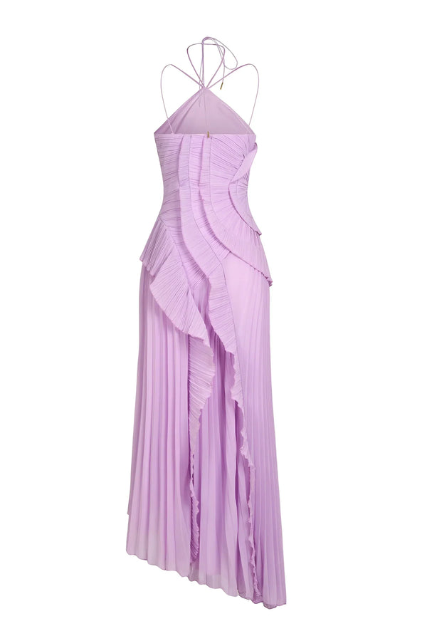 Women's Pleated Halter Maxi Dress with Ruffle Cascade