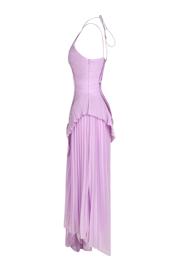 Women's Pleated Halter Maxi Dress with Ruffle Cascade