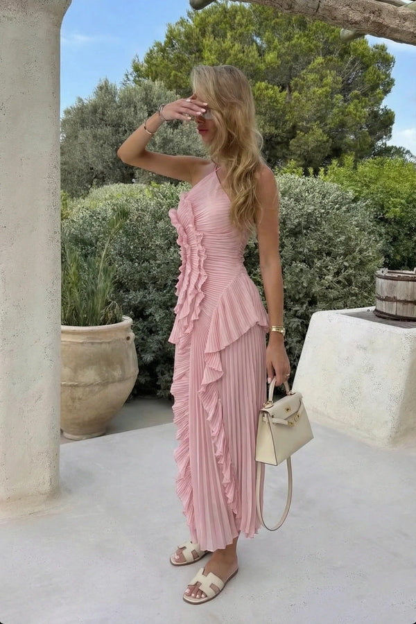 Women's Pleated Halter Maxi Dress with Ruffle Cascade
