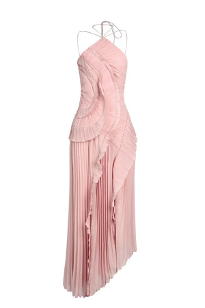 Women's Pleated Halter Maxi Dress with Ruffle Cascade