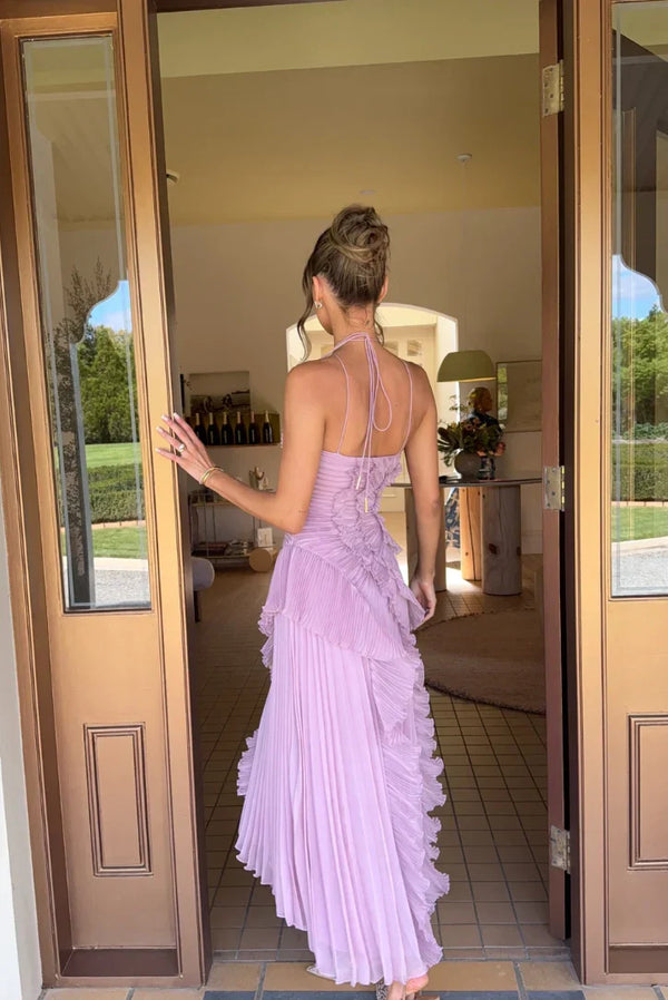 Women's Pleated Halter Maxi Dress with Ruffle Cascade