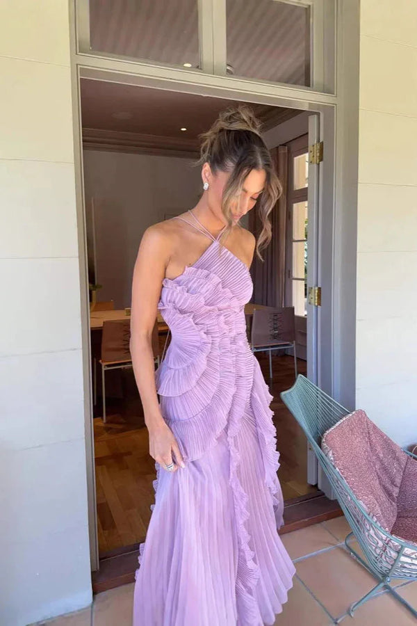 Women's Pleated Halter Maxi Dress with Ruffle Cascade