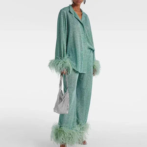 Elegant Feather Trim Two Piece Trouser Set for Women