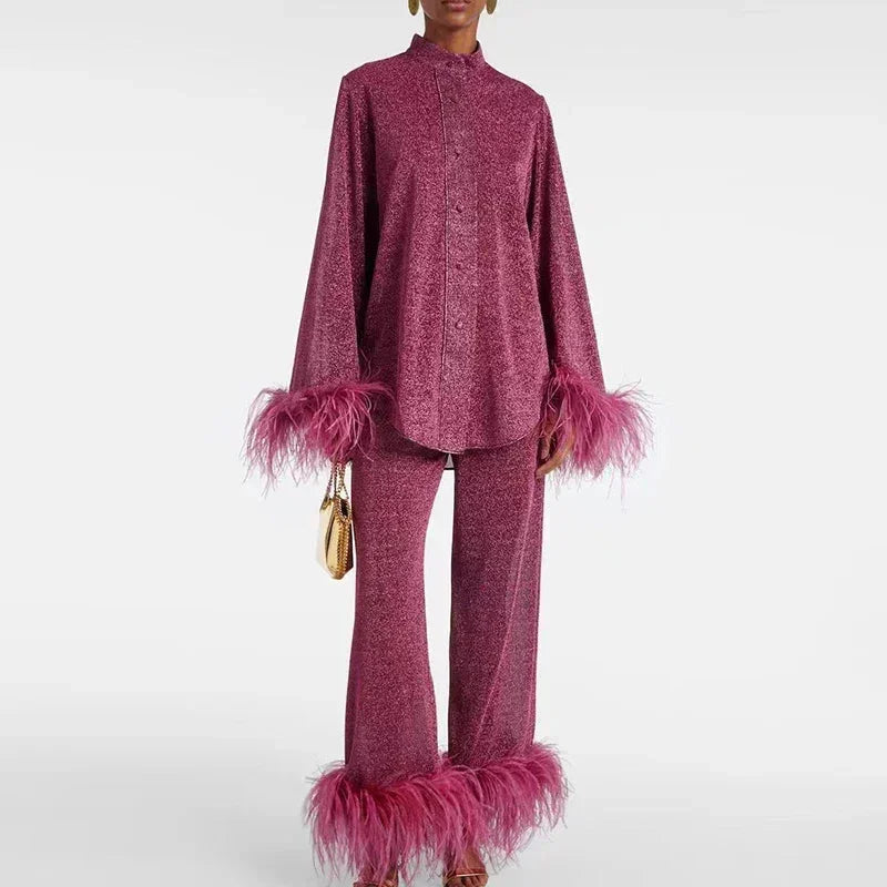 Elegant Feather Trim Two Piece Trouser Set for Women