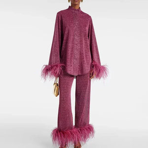 Elegant Feather Trim Two Piece Trouser Set for Women