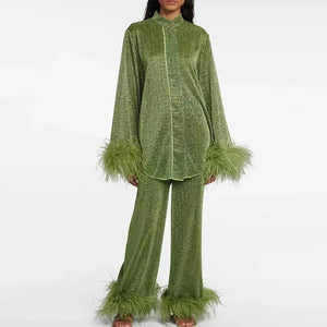 Elegant Feather Trim Two Piece Trouser Set for Women