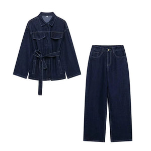 Denim Jacket and Wide Leg Pants Set for Women
