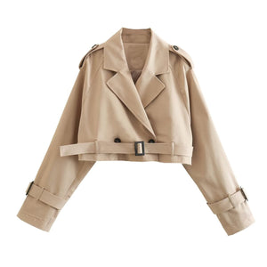 Women's Cropped Double-Breasted Trench Coat with Belted Cuffs