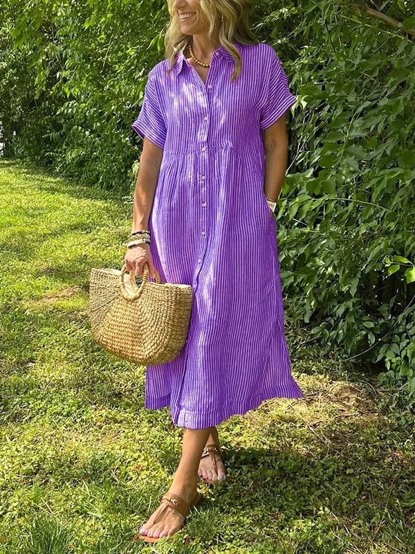 Women's Striped Button-Front Midi Dress with Relaxed Fit