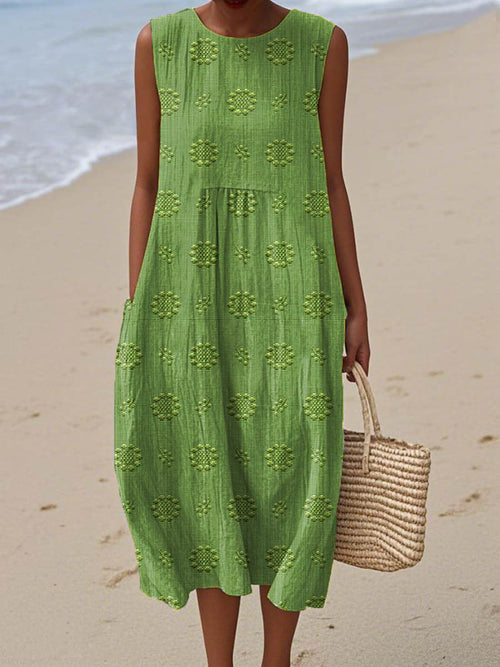 Women's Sleeveless Embroidered Midi Dress with Pockets