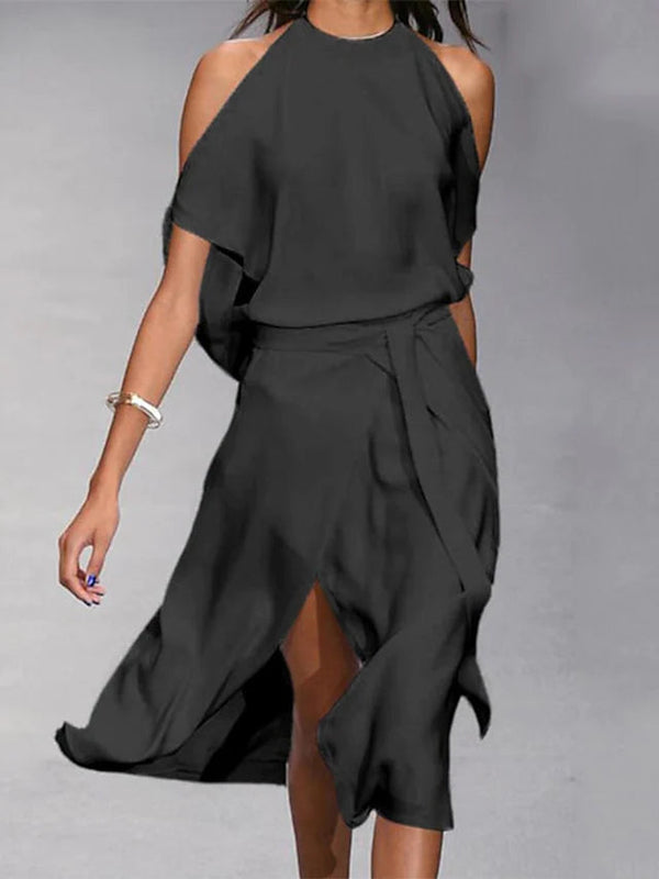Women’s Halter Neck Midi Dress with Asymmetrical Hem