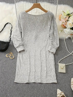 Women’s Off-Shoulder Sequin Mini Dress with Batwing Sleeves