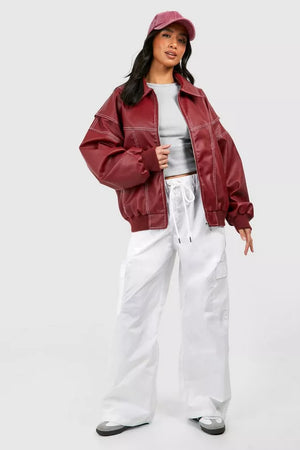 Women's Oversized Faux Leather Bomber Jacket