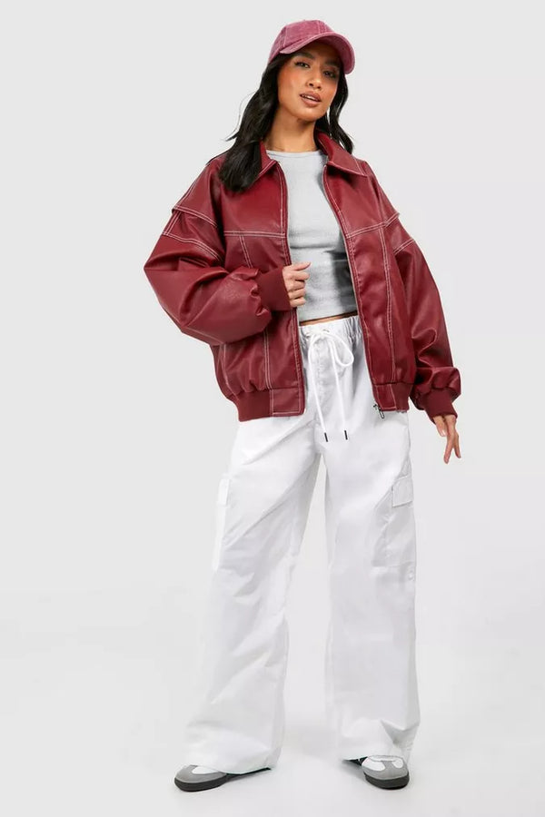 Women's Oversized Faux Leather Bomber Jacket
