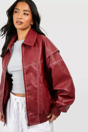Women's Oversized Faux Leather Bomber Jacket