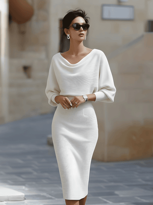 Women's Elegant Bodycon Midi Dress with Draped Neckline