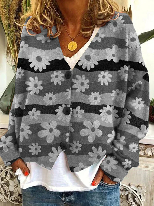Women's Floral Color Block V-Neck Knit Sweater