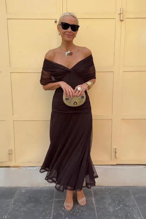 Vestido largo cruzado de tul de mujer con mangas transparentes