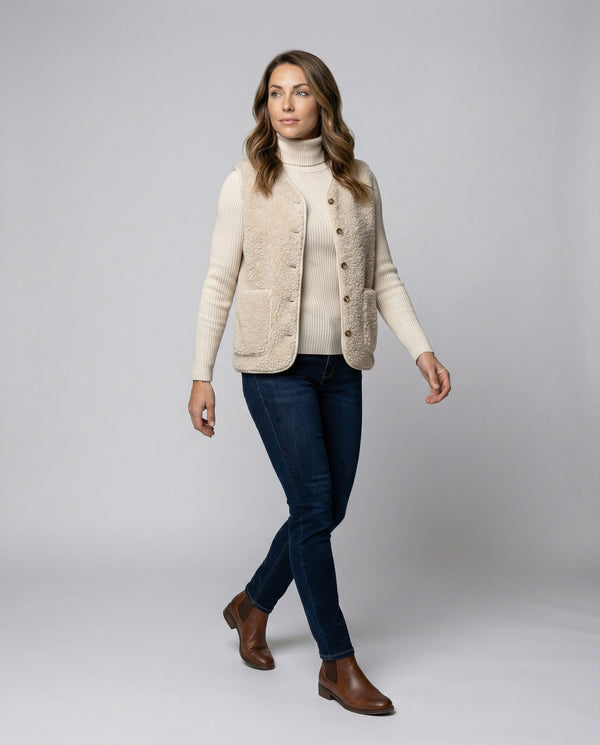 Women's Cosy Teddy Fleece Button-Front Vest with Front Pocket