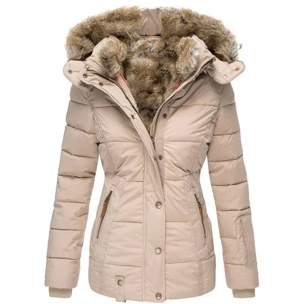 Parka de invierno con capucha y piel sintética para mujer