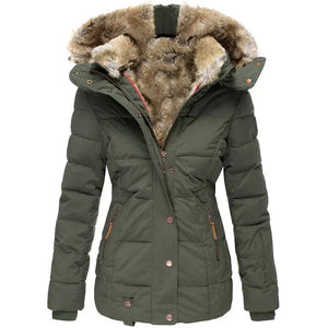 Parka de invierno con capucha y piel sintética para mujer