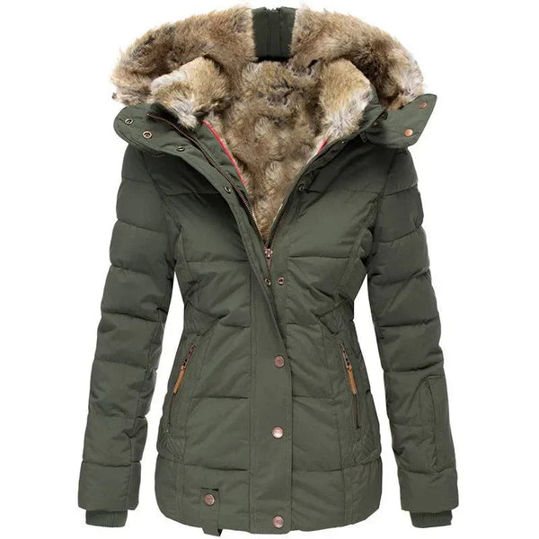 Parka de invierno con capucha y piel sintética para mujer