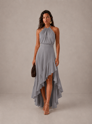 Women's Halter Midi Dress with Asymmetric Ruffle Hem