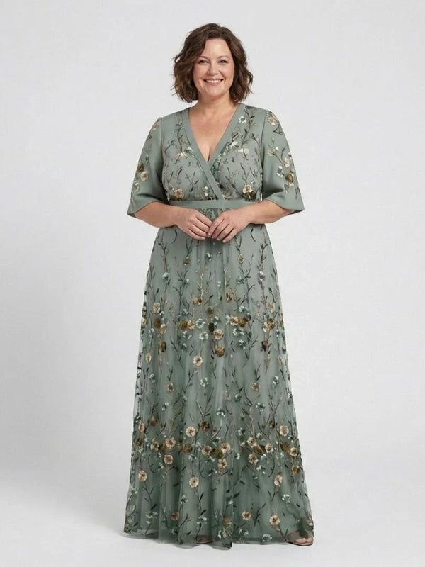 Vestido largo floral de mujer con mangas transparentes