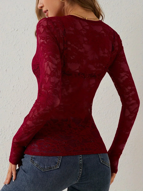 Elegant Floral Lace V Neck Long Sleeve Top for Women