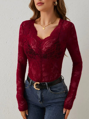 Elegant Floral Lace V Neck Long Sleeve Top for Women
