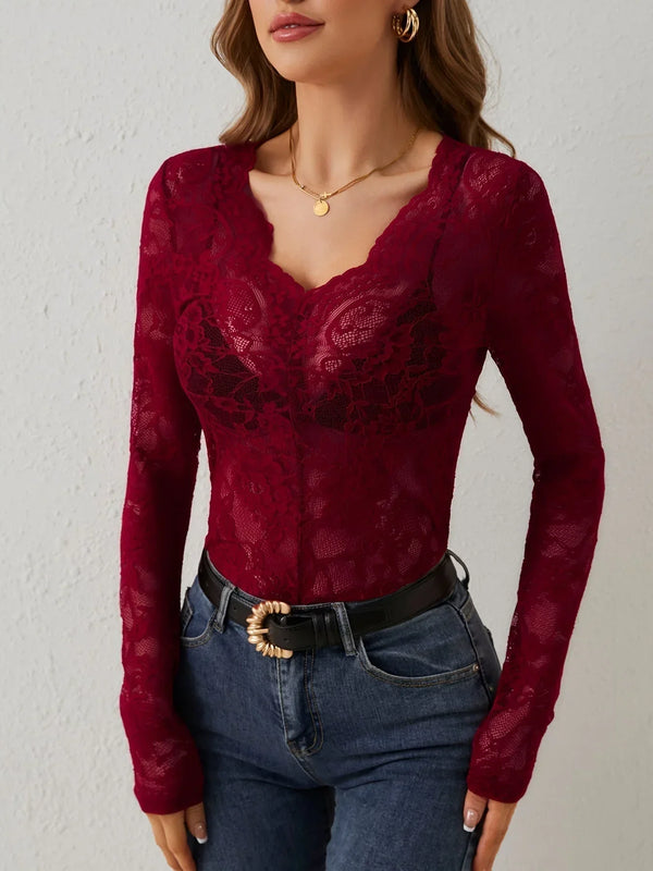 Elegant Floral Lace V Neck Long Sleeve Top for Women