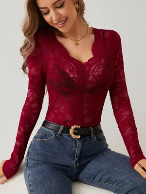 Elegant Floral Lace V Neck Long Sleeve Top for Women