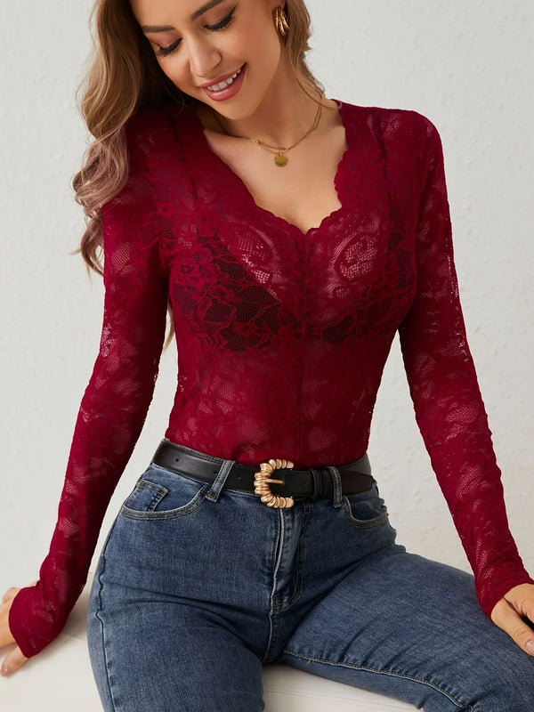 Elegant Floral Lace V Neck Long Sleeve Top for Women
