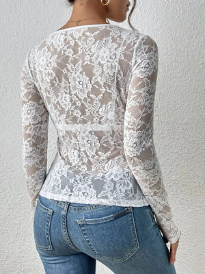 Elegant Floral Lace V Neck Long Sleeve Top for Women