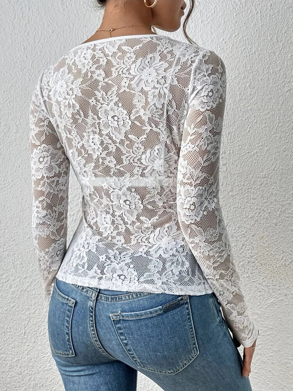 Elegant Floral Lace V Neck Long Sleeve Top for Women