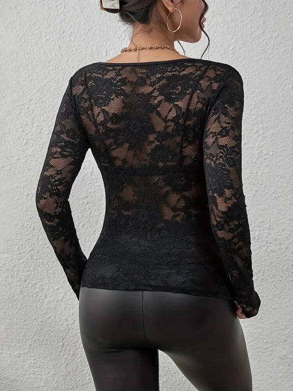Elegant Floral Lace V Neck Long Sleeve Top for Women