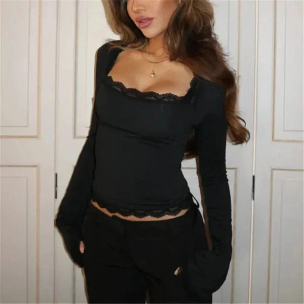 Vintage Lace Trim Long Sleeve Top for Women