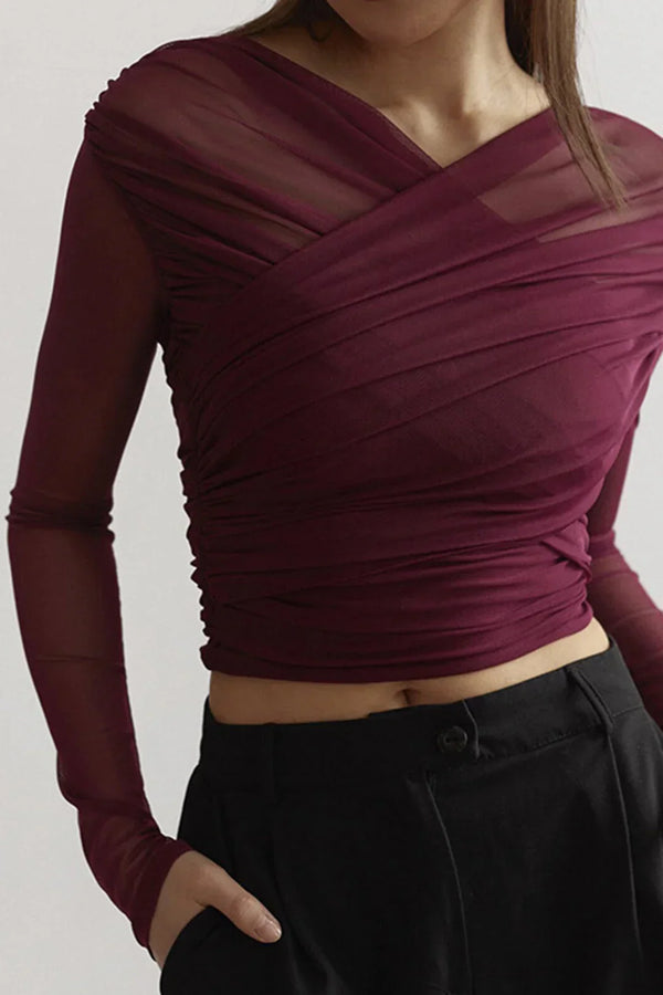 Top cruzado de malla fruncida para mujer