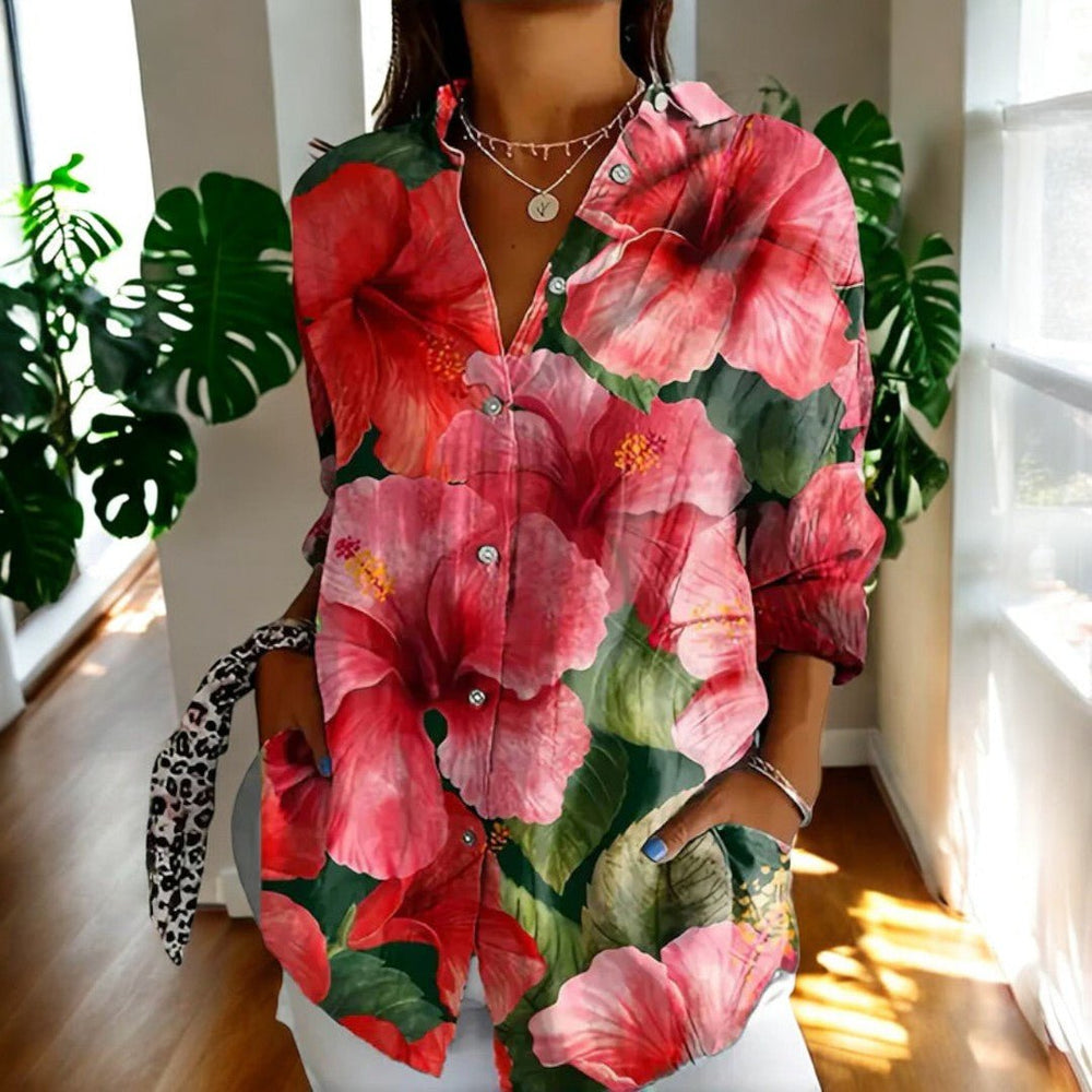 Women's Artistic Floral Print Blouse with Collared V-Neck