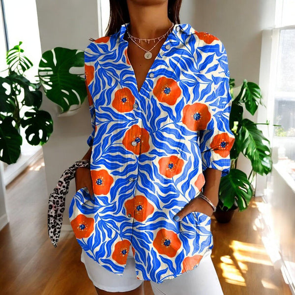Women's Artistic Floral Print Blouse with Collared V-Neck
