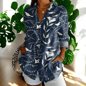 Women's Artistic Floral Print Blouse with Collared V-Neck