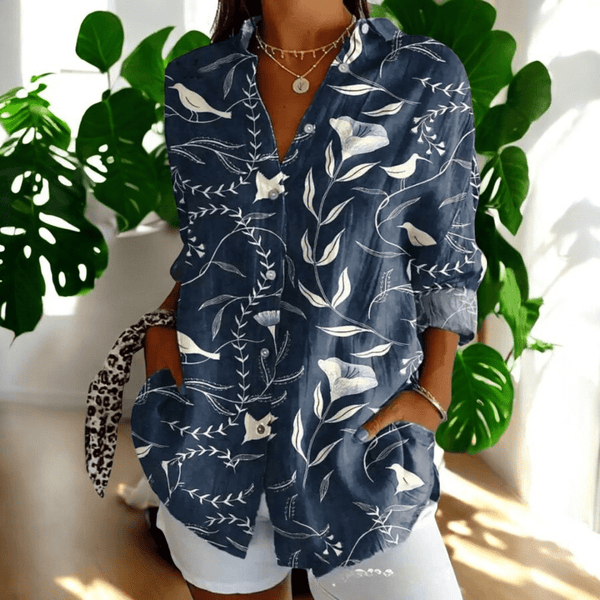 Women's Artistic Floral Print Blouse with Collared V-Neck