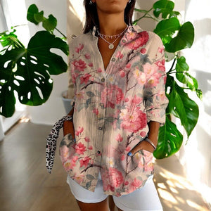 Women's Artistic Floral Print Blouse with Collared V-Neck