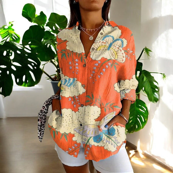 Women's Artistic Floral Print Blouse with Collared V-Neck