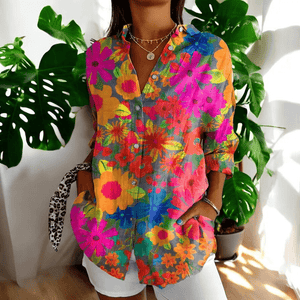 Women's Artistic Floral Print Blouse with Collared V-Neck