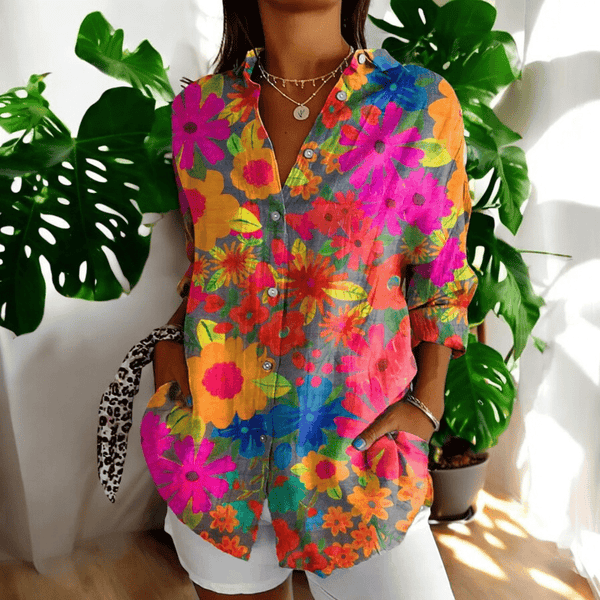 Women's Artistic Floral Print Blouse with Collared V-Neck