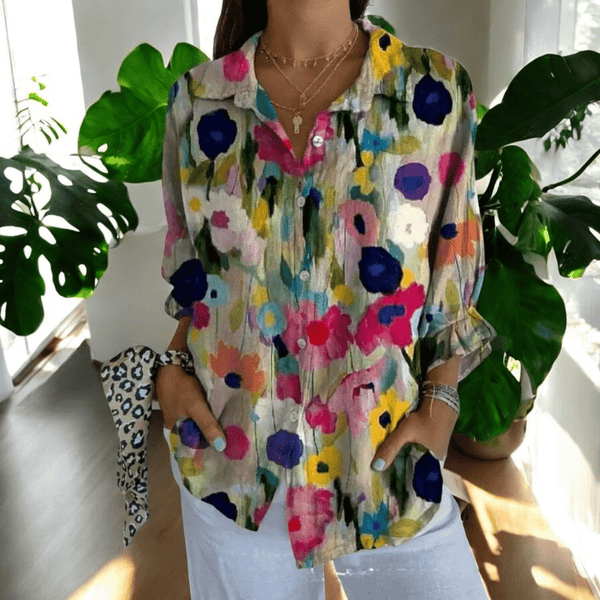 Women's Artistic Floral Print Blouse with Collared V-Neck