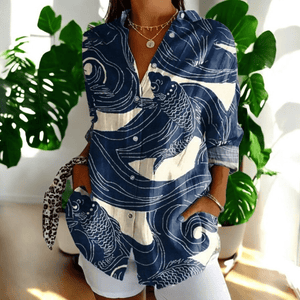 Women's Artistic Floral Print Blouse with Collared V-Neck